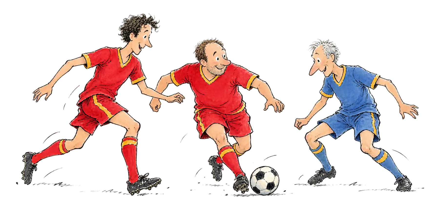 Drei ältere Herren beim Fußball, einer mit Kapitänsbinde
