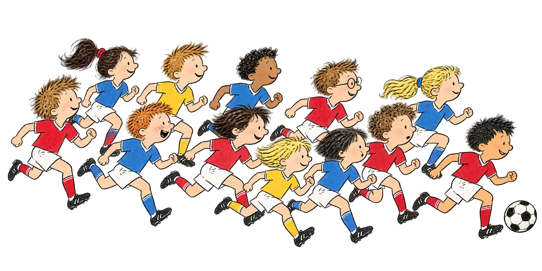 Eine Horde Kinder rennt gleichzeitig einem Ball hinterher