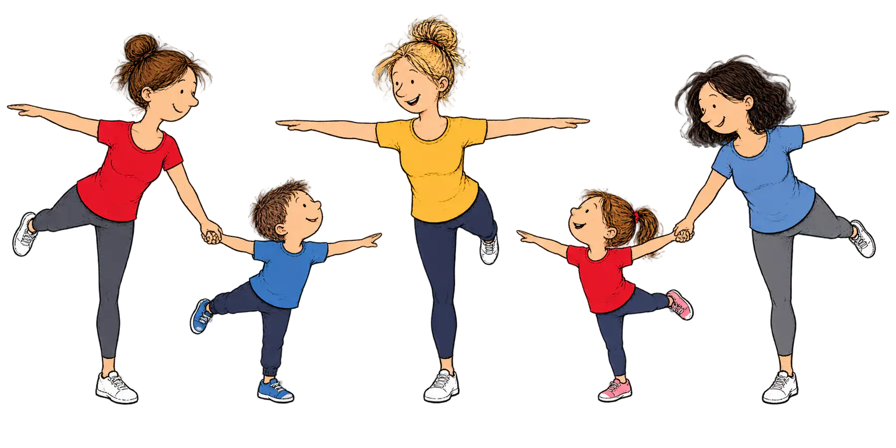 Erwachsene und Kinder balancieren Hand in Hand